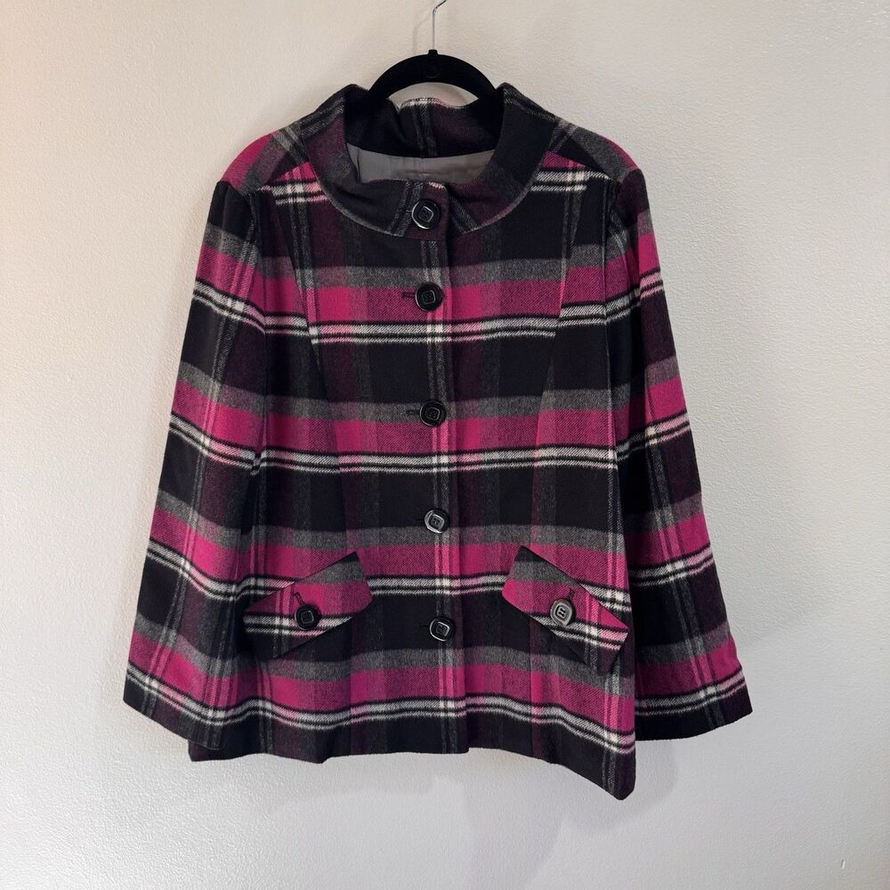 Elliott Lauren Shacket Jacket Coat 12 Virgin Wool Blend Plaid Black Pink Outdoor